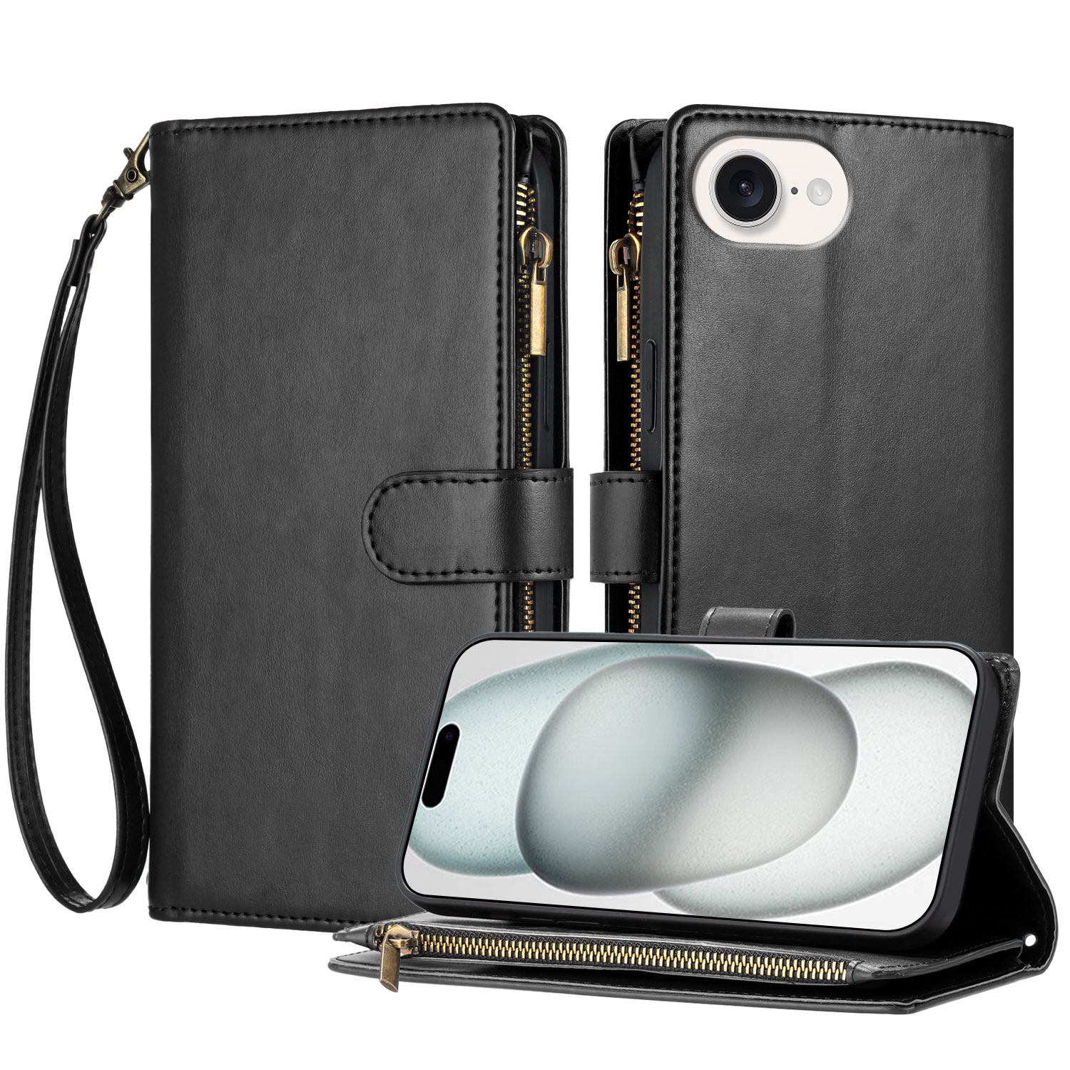 For iPhone 16e Leather Case Zipper Wallet Stand Shockproof Phone Cover with Wrist Strap - Black