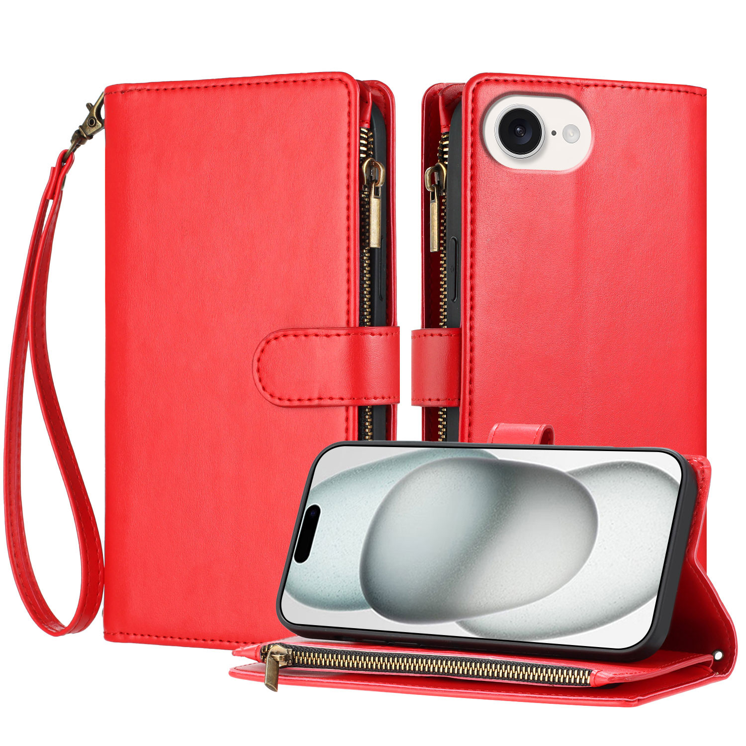 For iPhone 16e Leather Case Zipper Wallet Stand Shockproof Phone Cover with Wrist Strap - Red
