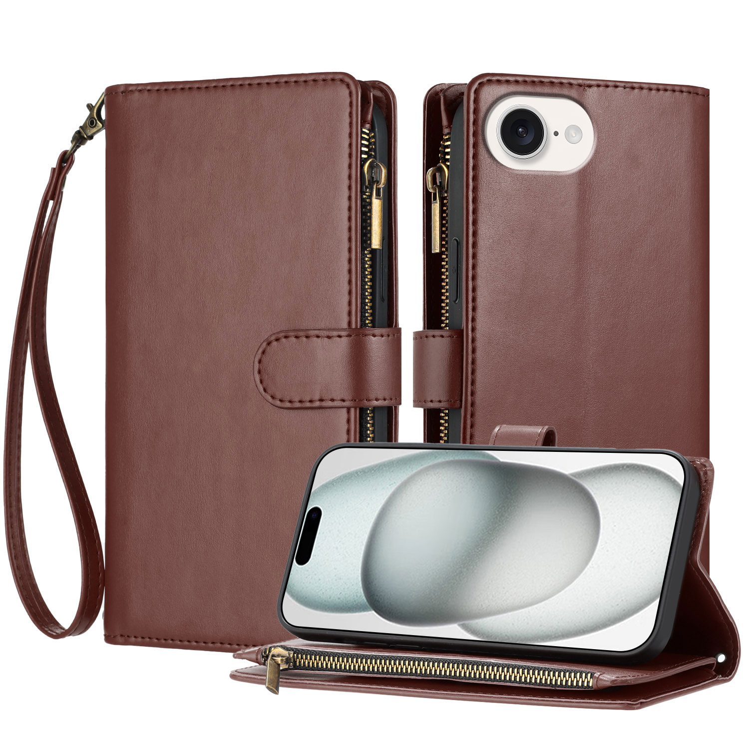 For iPhone 16e Leather Case Zipper Wallet Stand Shockproof Phone Cover with Wrist Strap - Brown