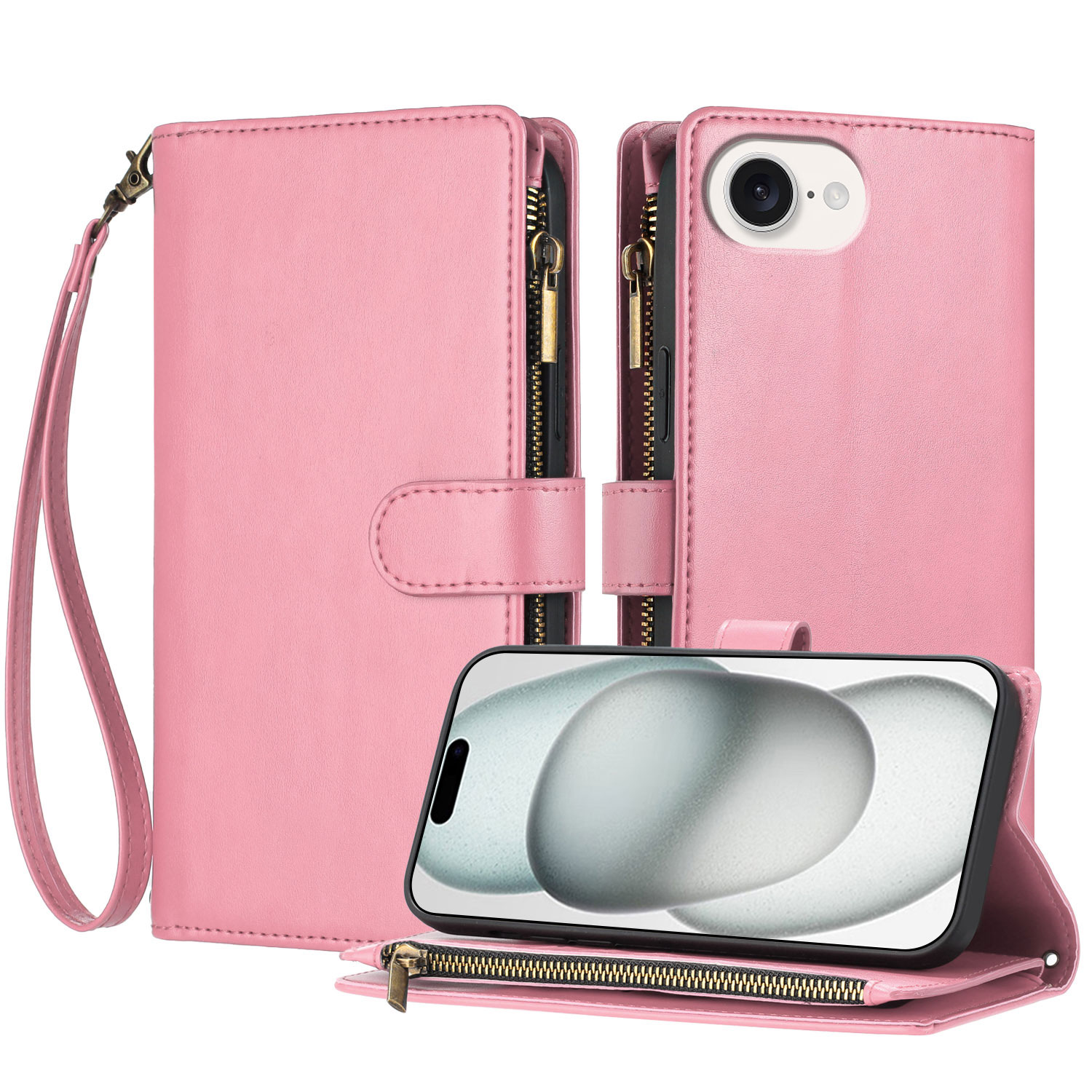 For iPhone 16e Leather Case Zipper Wallet Stand Shockproof Phone Cover with Wrist Strap - Pink