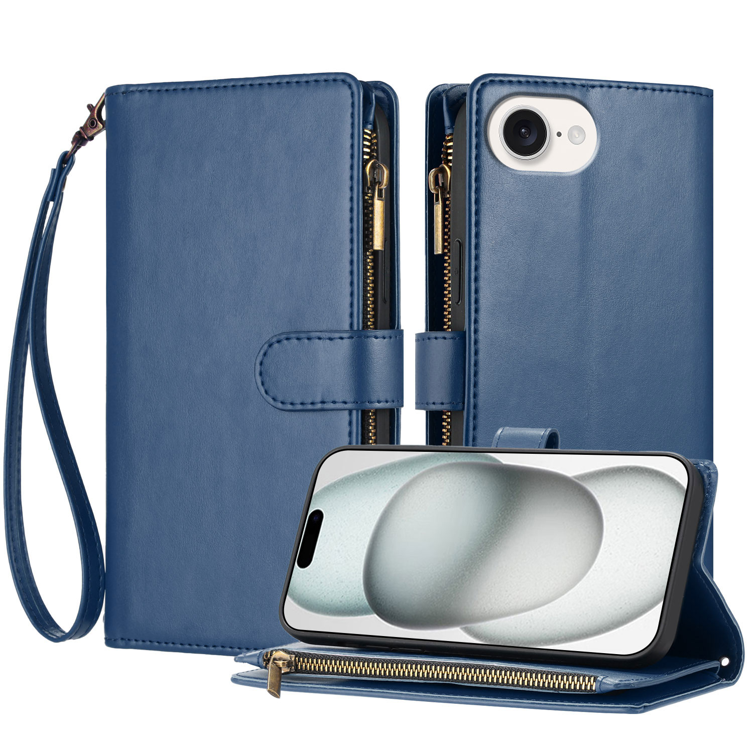 For iPhone 16e Leather Case Zipper Wallet Stand Shockproof Phone Cover with Wrist Strap - Blue