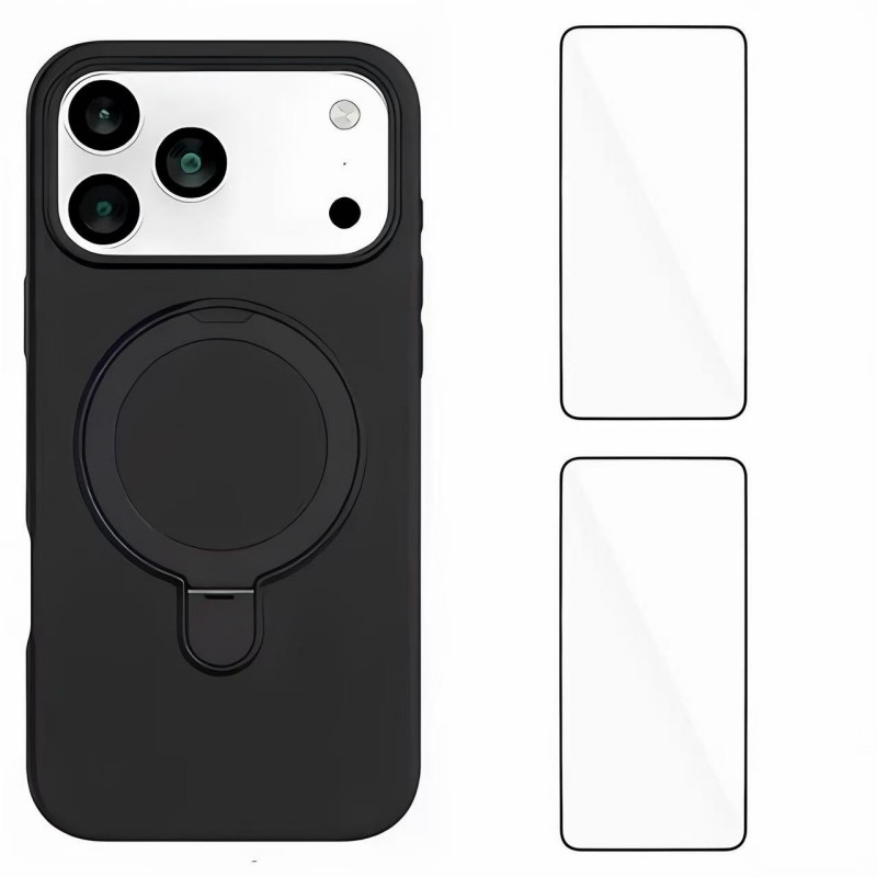 For iPhone 17 Pro Max Case Kickstand with 2 Screen Films WANLONFENG YJ Series TPU Liquid Silicone Phone Cover Large Cutouts - Black