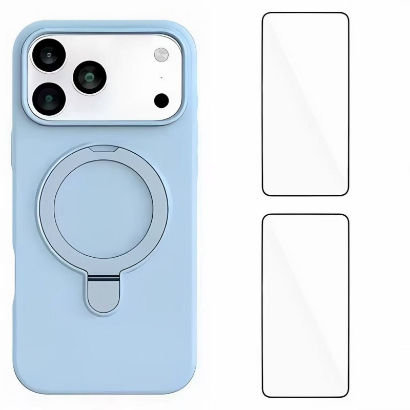 For iPhone 17 Pro Max Case Kickstand with 2 Screen Films WANLONFENG YJ Series TPU Liquid Silicone Phone Cover Large Cutouts - Blue