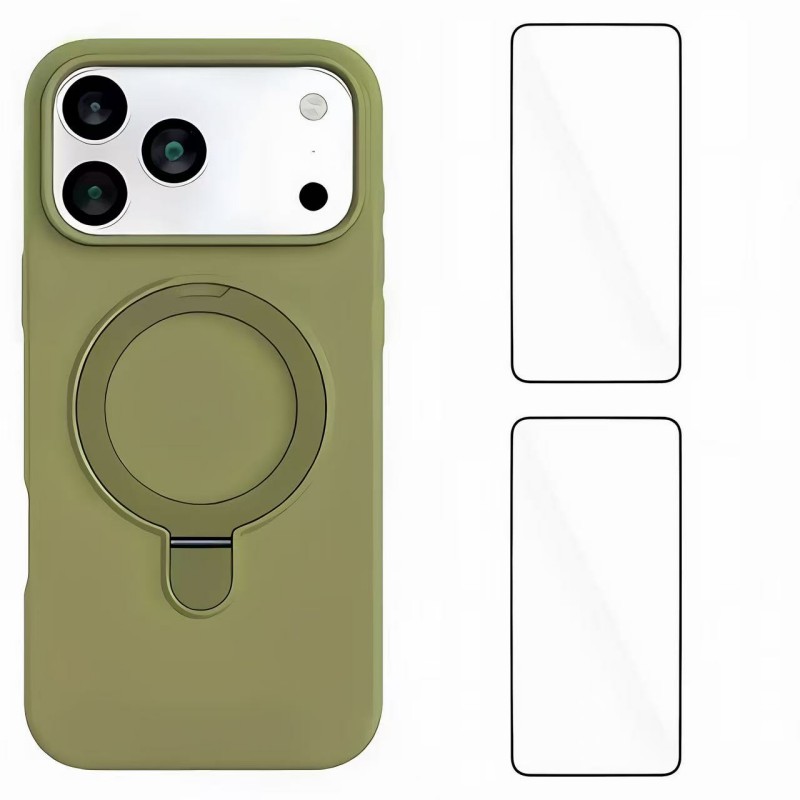 For iPhone 17 Pro Max Case Kickstand with 2 Screen Films WANLONFENG YJ Series TPU Liquid Silicone Phone Cover Large Cutouts - Green