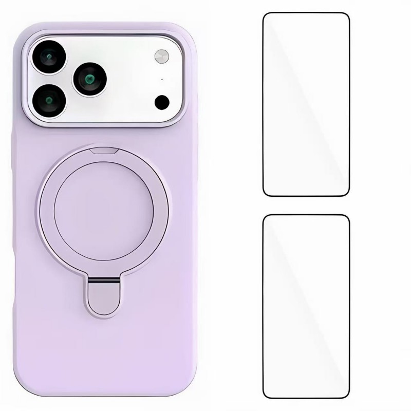 For iPhone 17 Pro Max Case Kickstand with 2 Screen Films WANLONFENG YJ Series TPU Liquid Silicone Phone Cover Large Cutouts - Purple
