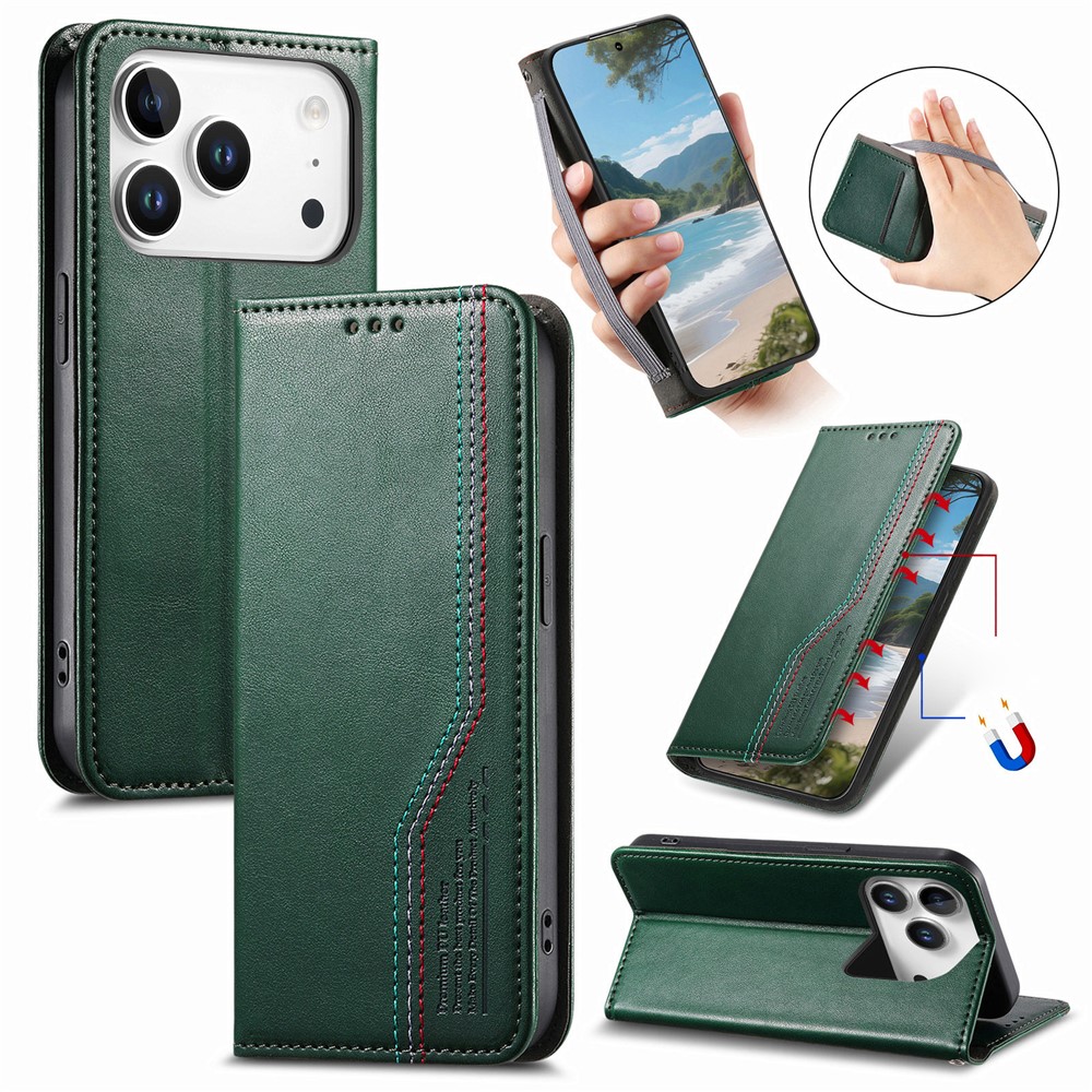 For iPhone 17 Pro Max Case Wallet Tri-Color Stitching Leather Phone Cover with Elastic Wristband - Green