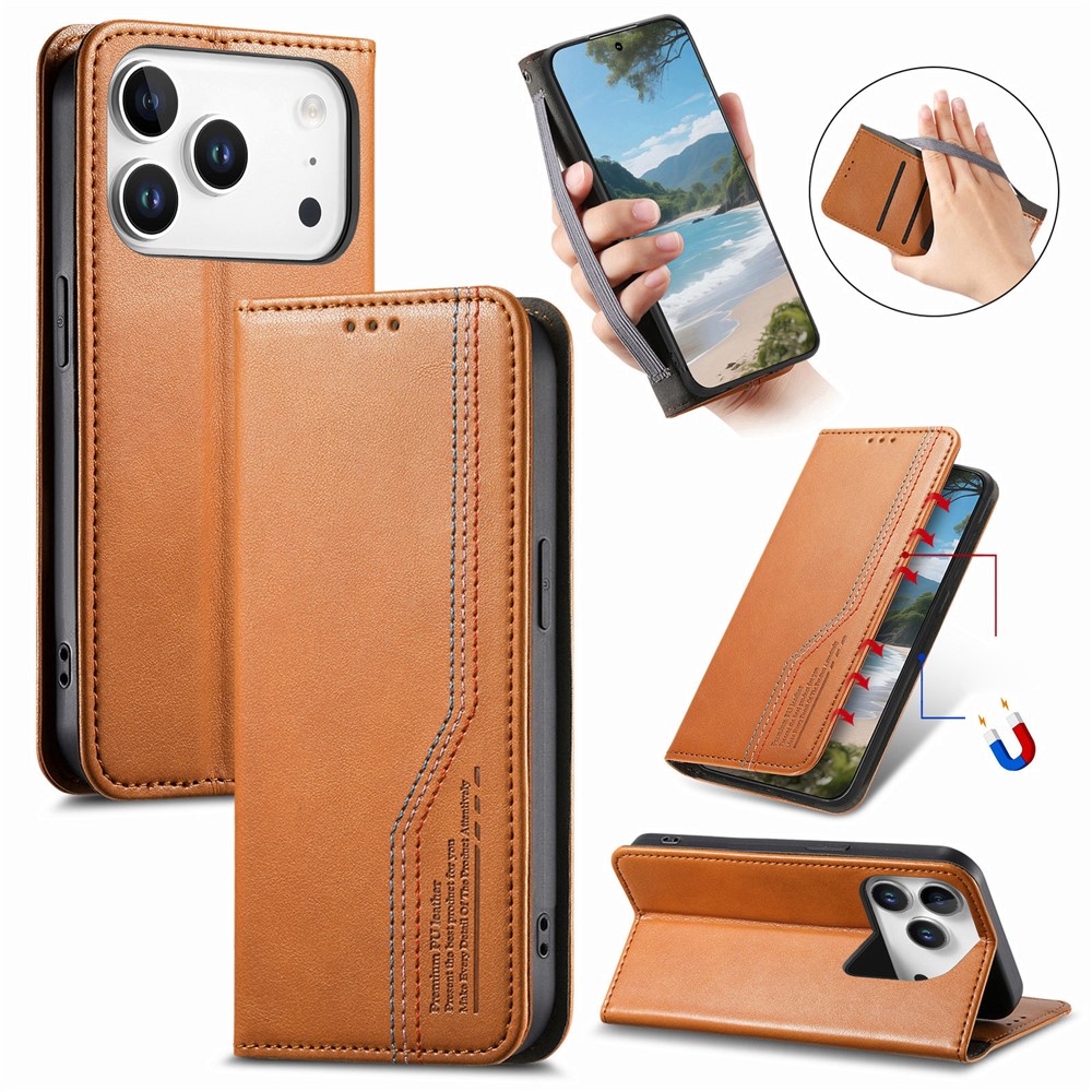 For iPhone 17 Pro Case Wallet Tri-Color Stitching Leather Phone Cover with Elastic Wristband - Brown
