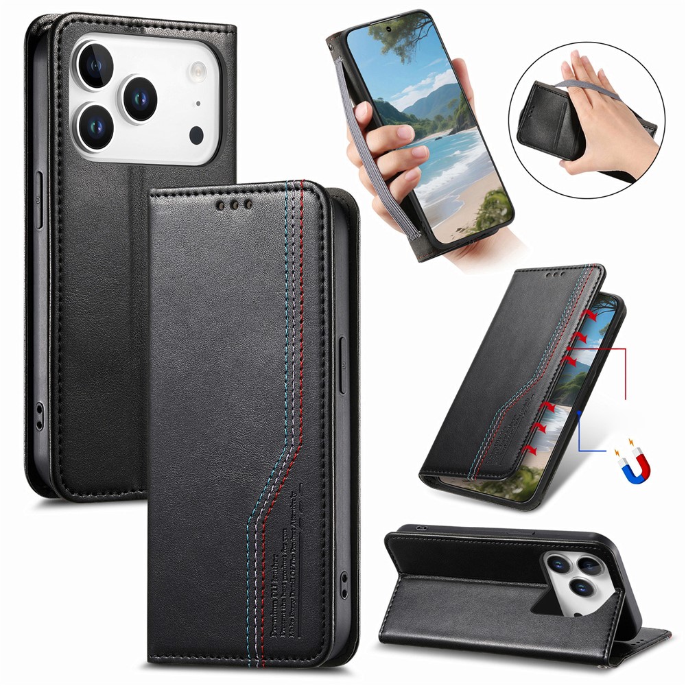 For iPhone 17 Pro Case Wallet Tri-Color Stitching Leather Phone Cover with Elastic Wristband - Black