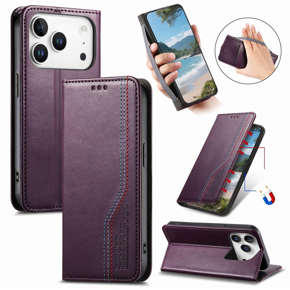 For iPhone 17 Pro Case Wallet Tri-Color Stitching Leather Phone Cover with Elastic Wristband - Purple
