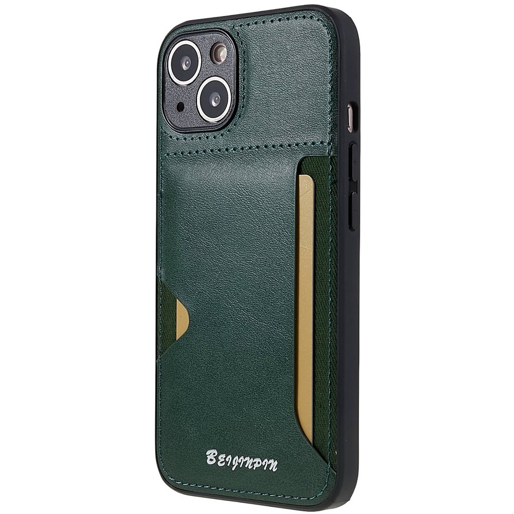 For iPhone 13 mini 5.4 inch Anti-dust Card Slot Phone Case PU Leather+TPU+PC Precise Cutout Design Protective Cover - Midnight Green