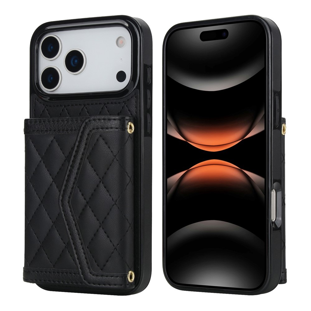 For iPhone 17 Pro Max Case Card Holders RFID Blocking PU Leather + TPU Phone Back Cover with Shoulder Strap - Black