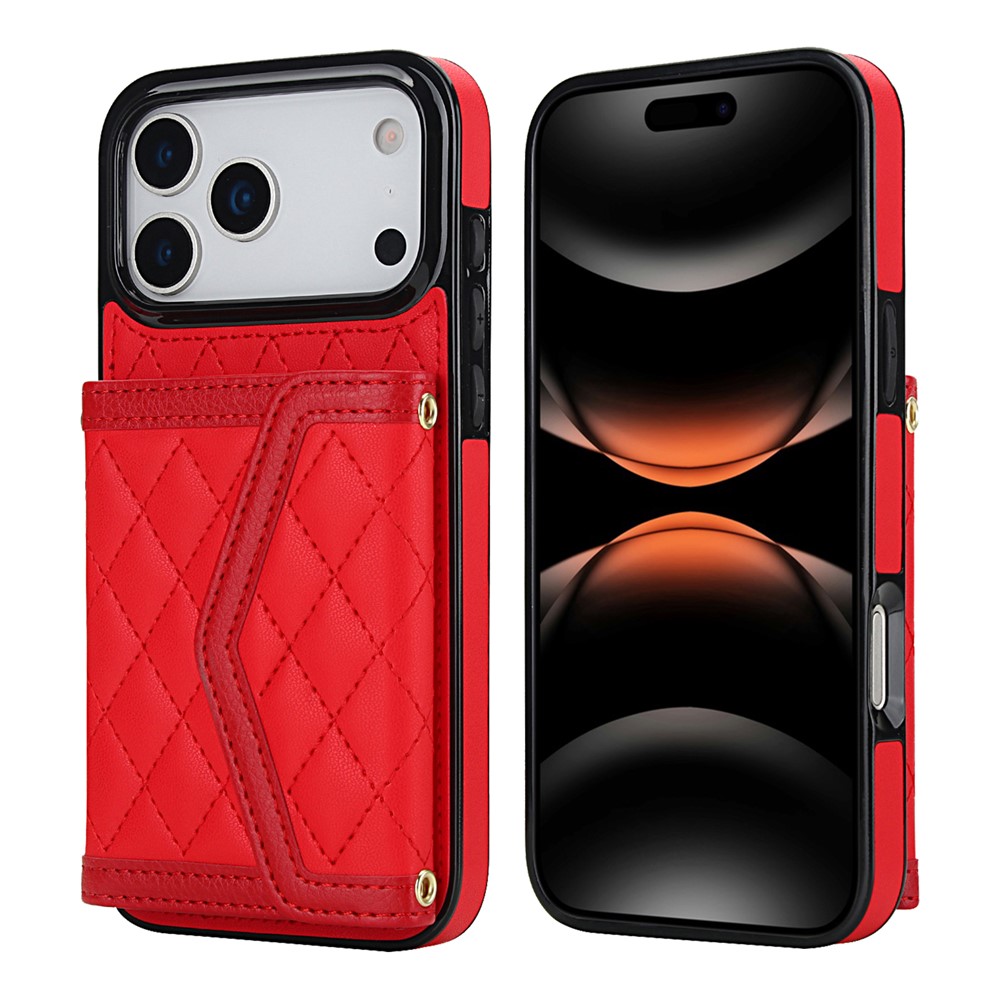 For iPhone 17 Pro Max Case Card Holders RFID Blocking PU Leather + TPU Phone Back Cover with Shoulder Strap - Red