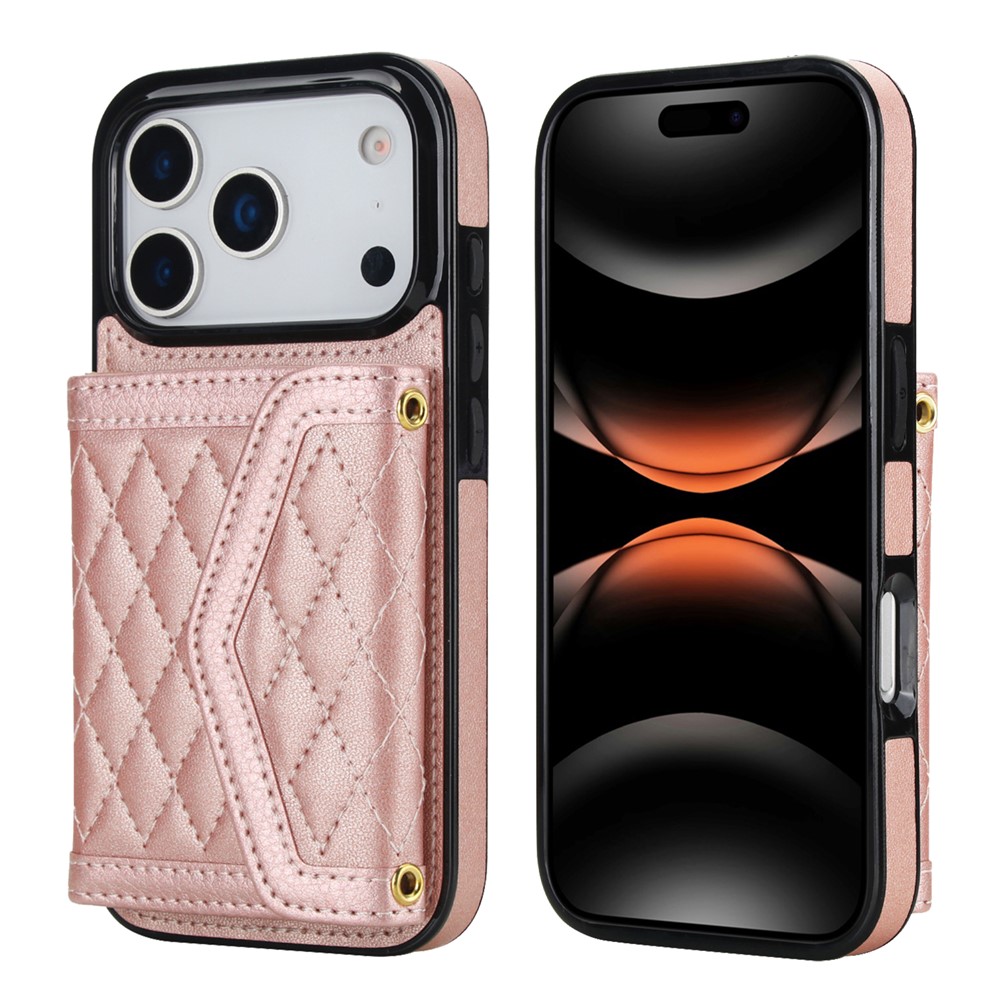 For iPhone 17 Pro Case Card Holders RFID Blocking PU Leather + TPU Phone Back Cover with Shoulder Strap - Rose Gold