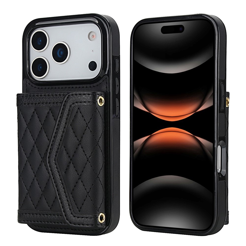 For iPhone 17 Pro Case Card Holders RFID Blocking PU Leather + TPU Phone Back Cover with Shoulder Strap - Black