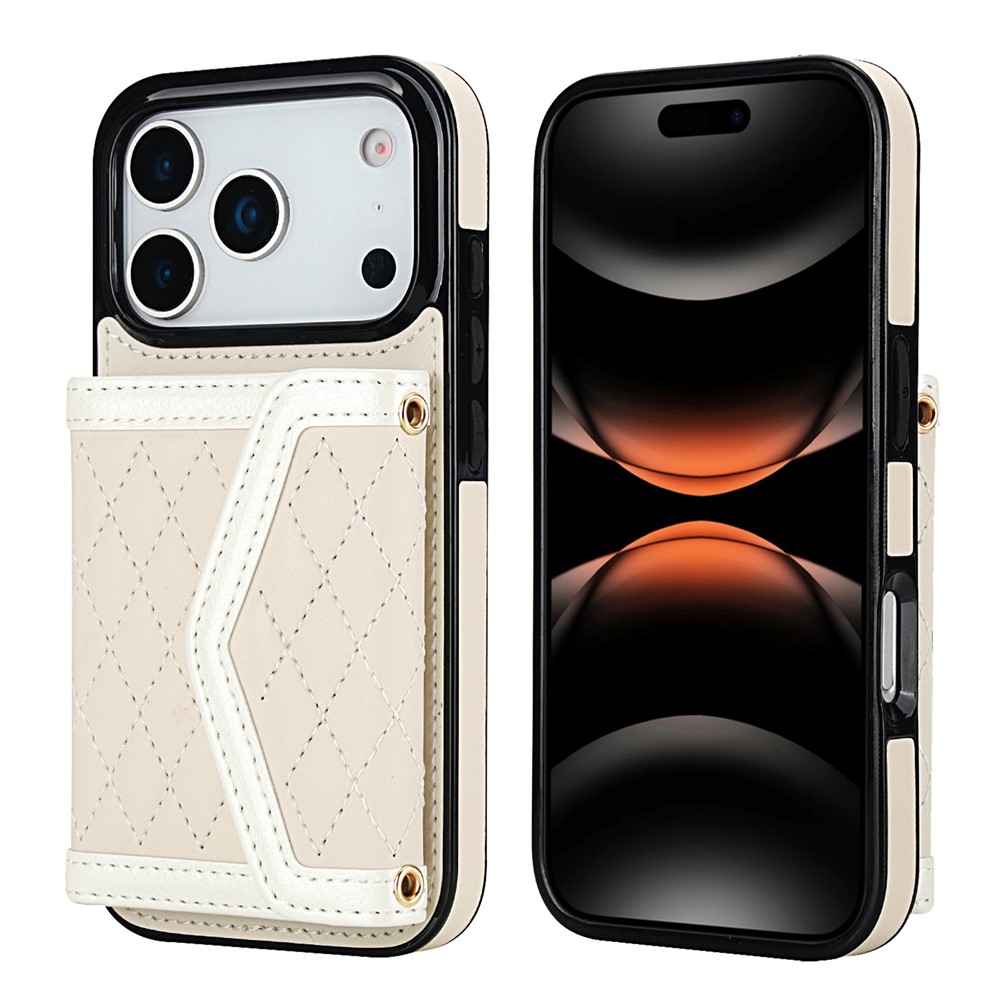 For iPhone 17 Pro Case Card Holders RFID Blocking PU Leather + TPU Phone Back Cover with Shoulder Strap - White