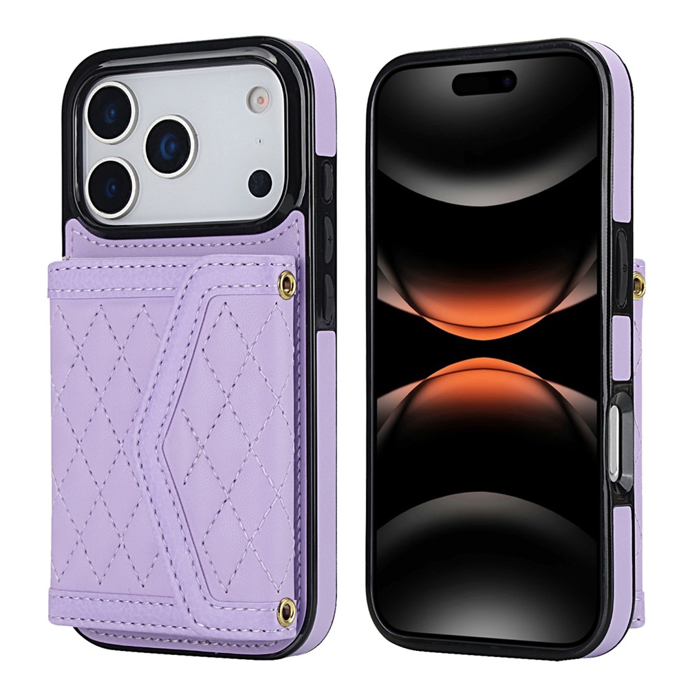 For iPhone 17 Pro Case Card Holders RFID Blocking PU Leather + TPU Phone Back Cover with Shoulder Strap - Purple