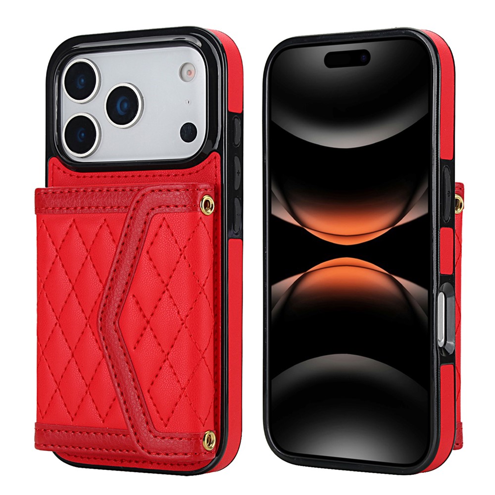 For iPhone 17 Pro Case Card Holders RFID Blocking PU Leather + TPU Phone Back Cover with Shoulder Strap - Red