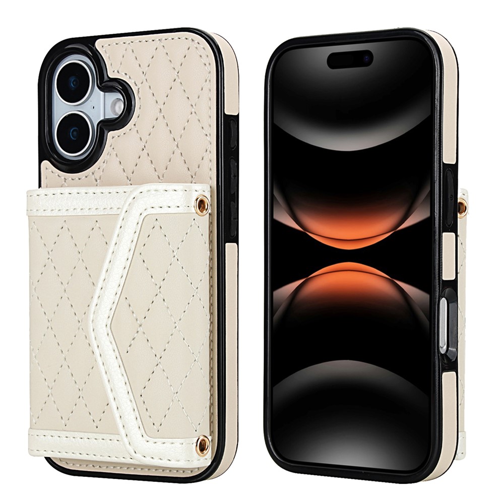 For iPhone 17 Case Card Holders RFID Blocking PU Leather + TPU Phone Back Cover with Shoulder Strap - White