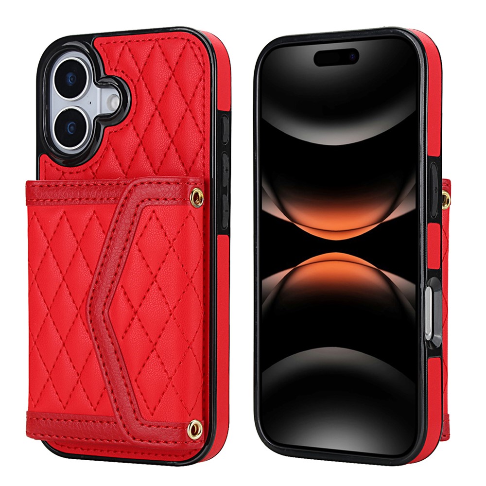 For iPhone 17 Case Card Holders RFID Blocking PU Leather + TPU Phone Back Cover with Shoulder Strap - Red