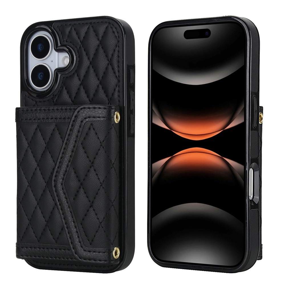 For iPhone 17 Case Card Holders RFID Blocking PU Leather + TPU Phone Back Cover with Shoulder Strap - Black