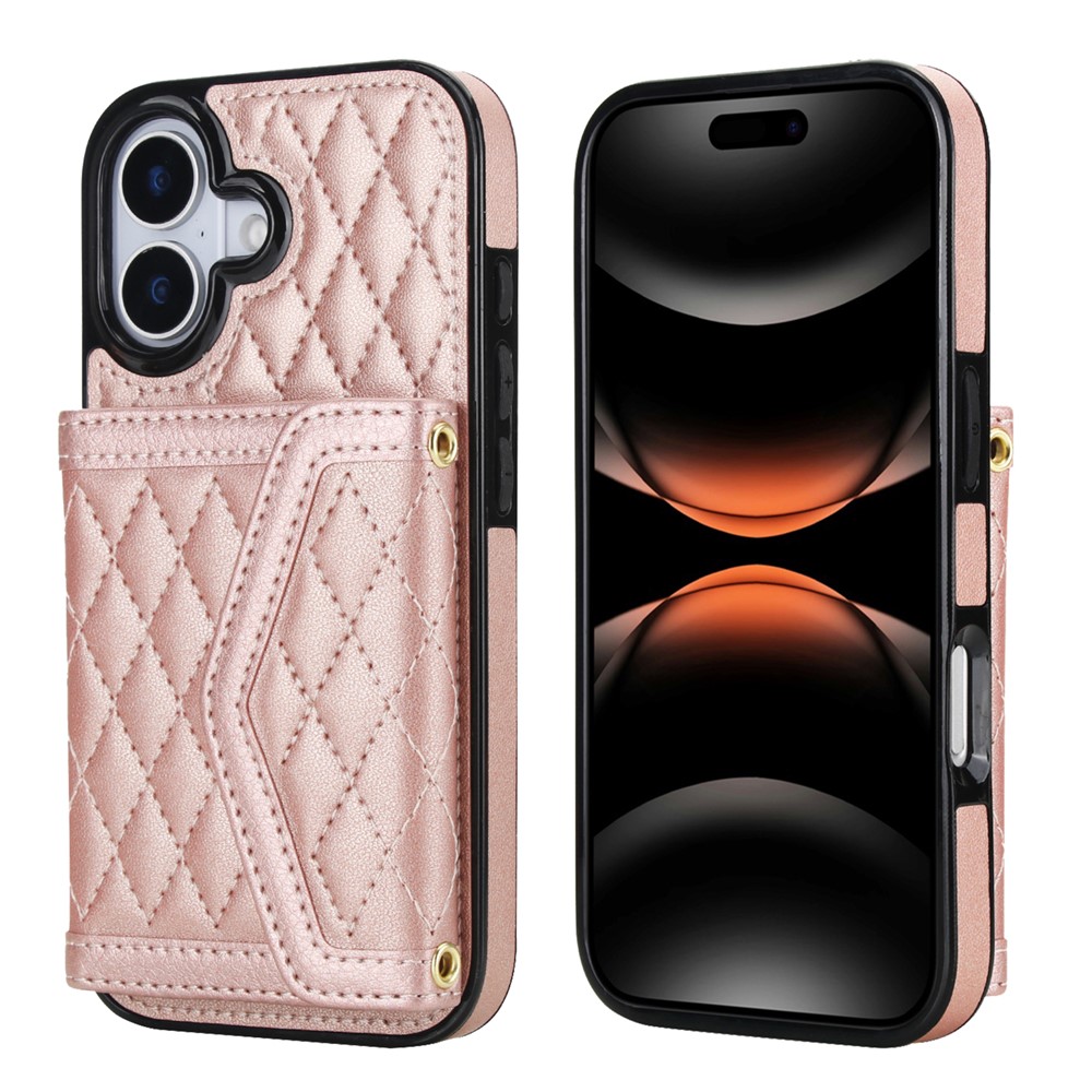 For iPhone 17 Case Card Holders RFID Blocking PU Leather + TPU Phone Back Cover with Shoulder Strap - Rose Gold
