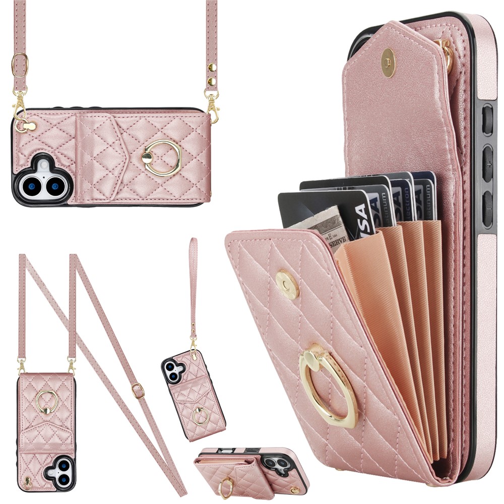 For iPhone 17 Case RFID Blocking Card Bag Leather + TPU Crossbody Phone Cover with Ring Kickstand - Rose Gold