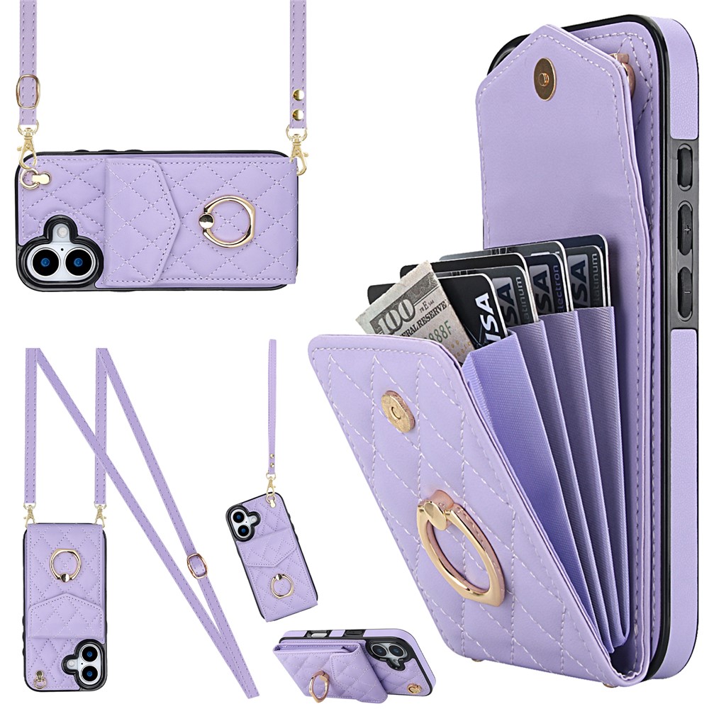 For iPhone 17 Case RFID Blocking Card Bag Leather + TPU Crossbody Phone Cover with Ring Kickstand - Purple