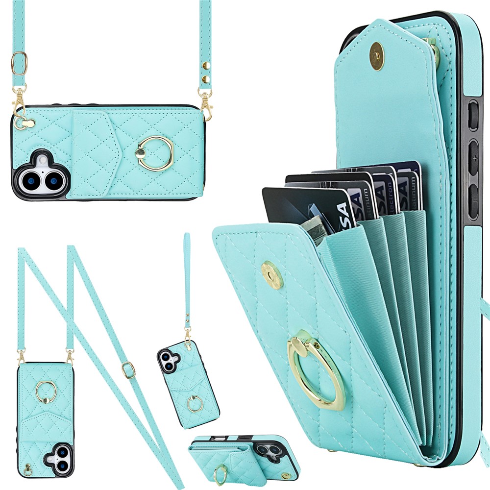 For iPhone 17 Case RFID Blocking Card Bag Leather + TPU Crossbody Phone Cover with Ring Kickstand - Mint Green