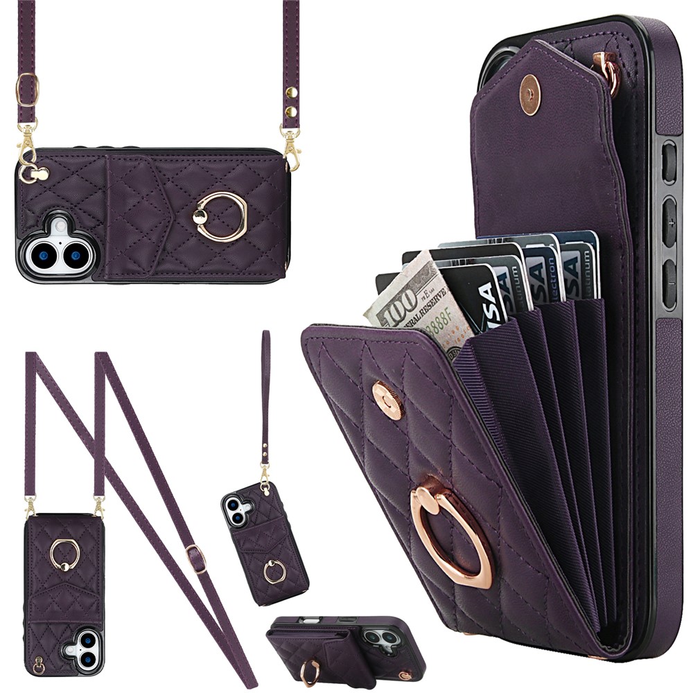 For iPhone 17 Case RFID Blocking Card Bag Leather + TPU Crossbody Phone Cover with Ring Kickstand - Dark Purple