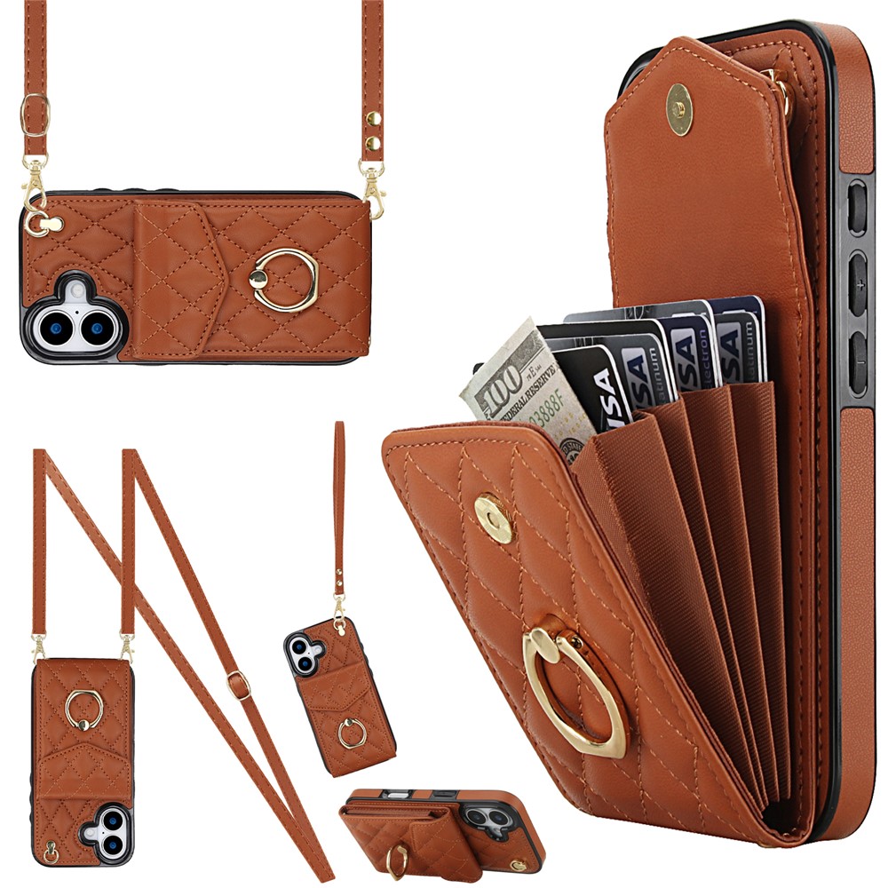 For iPhone 17 Case RFID Blocking Card Bag Leather + TPU Crossbody Phone Cover with Ring Kickstand - Brown