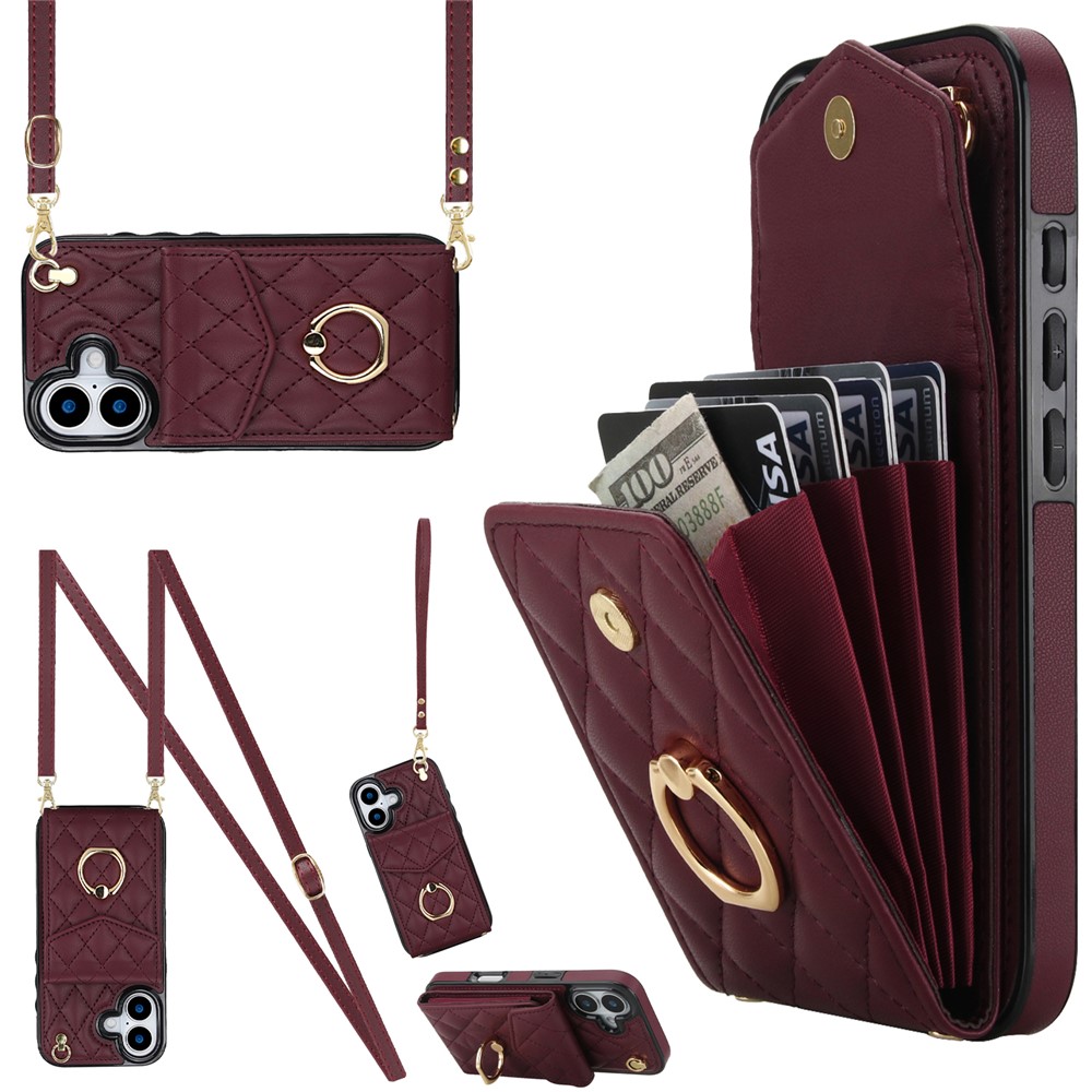 For iPhone 17 Case RFID Blocking Card Bag Leather + TPU Crossbody Phone Cover with Ring Kickstand - Wine Red