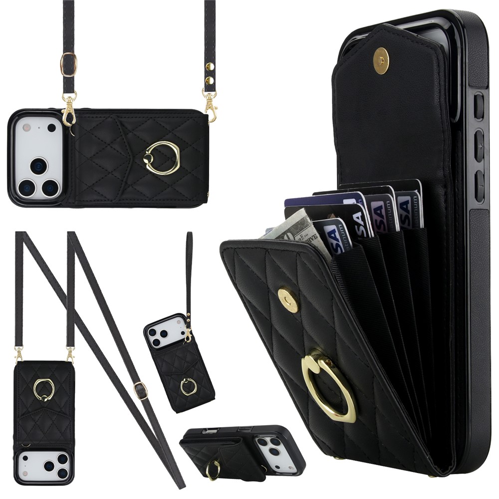 For iPhone 17 Pro Max Case RFID Blocking Card Bag Leather + TPU Crossbody Phone Cover with Ring Kickstand - Black