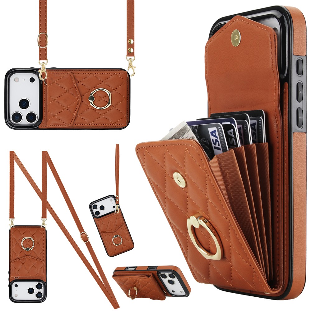 For iPhone 17 Pro Max Case RFID Blocking Card Bag Leather + TPU Crossbody Phone Cover with Ring Kickstand - Brown