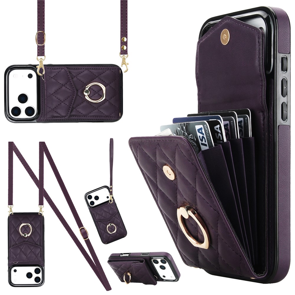 For iPhone 17 Pro Max Case RFID Blocking Card Bag Leather + TPU Crossbody Phone Cover with Ring Kickstand - Dark Purple