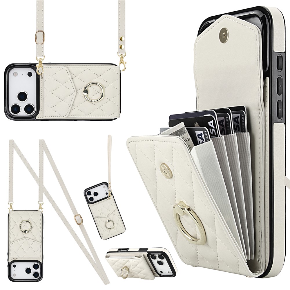 For iPhone 17 Pro Max Case RFID Blocking Card Bag Leather + TPU Crossbody Phone Cover with Ring Kickstand - Beige