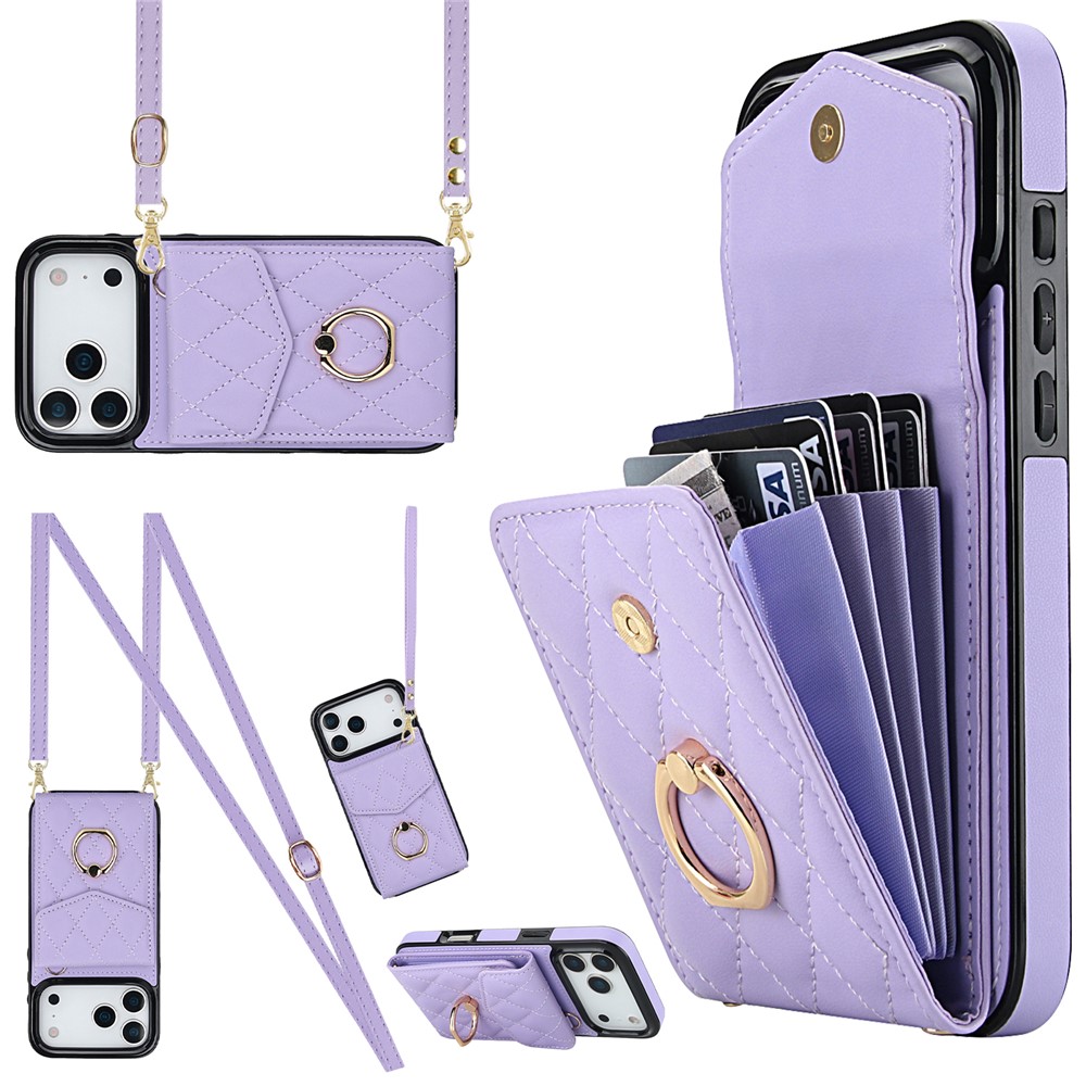 For iPhone 17 Pro Max Case RFID Blocking Card Bag Leather + TPU Crossbody Phone Cover with Ring Kickstand - Purple