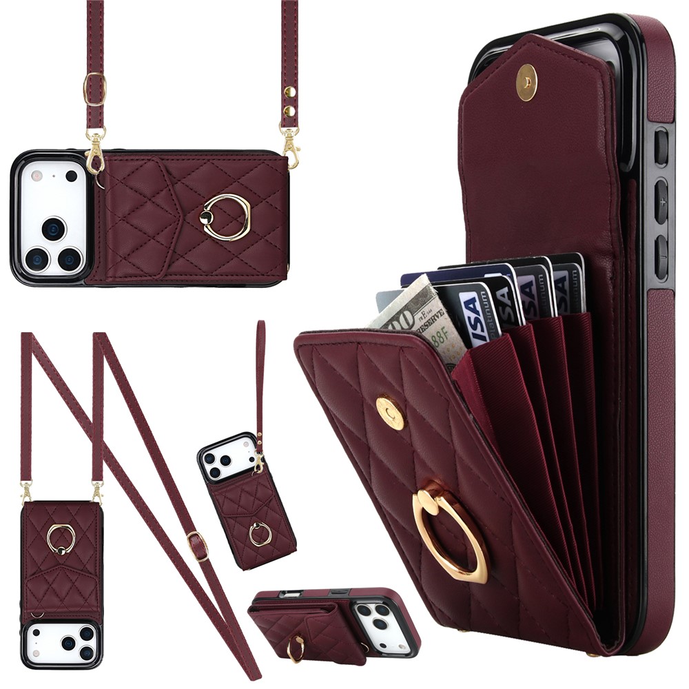 For iPhone 17 Pro Max Case RFID Blocking Card Bag Leather + TPU Crossbody Phone Cover with Ring Kickstand - Wine Red