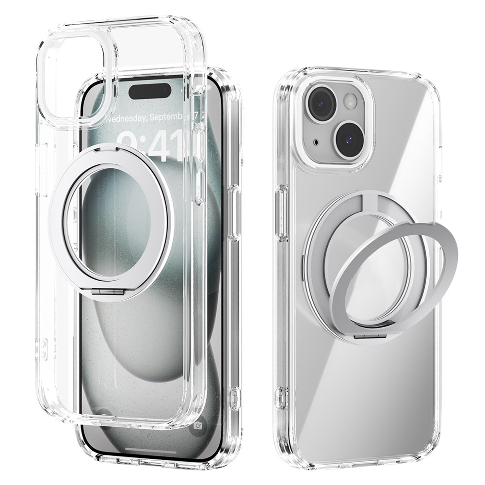 ABEEL Q-LUCK For iPhone 13 Magnetic Case Rotating Kickstand Shockproof TPU + PC Phone Back Cover - Silver