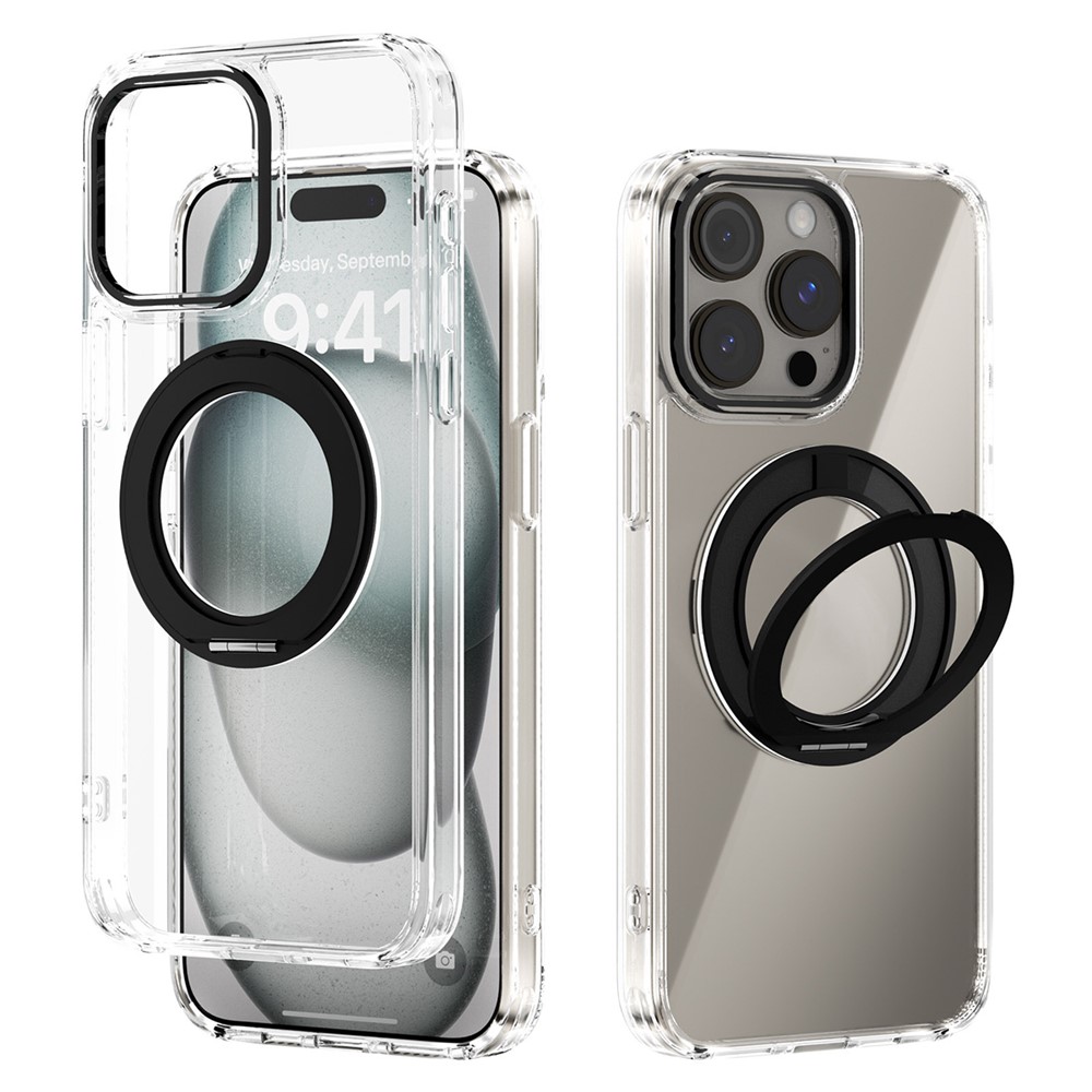 ABEEL Q-LUCK For iPhone 15 Pro Max Magnetic Case Rotating Kickstand Shockproof TPU + PC Phone Back Cover - Black