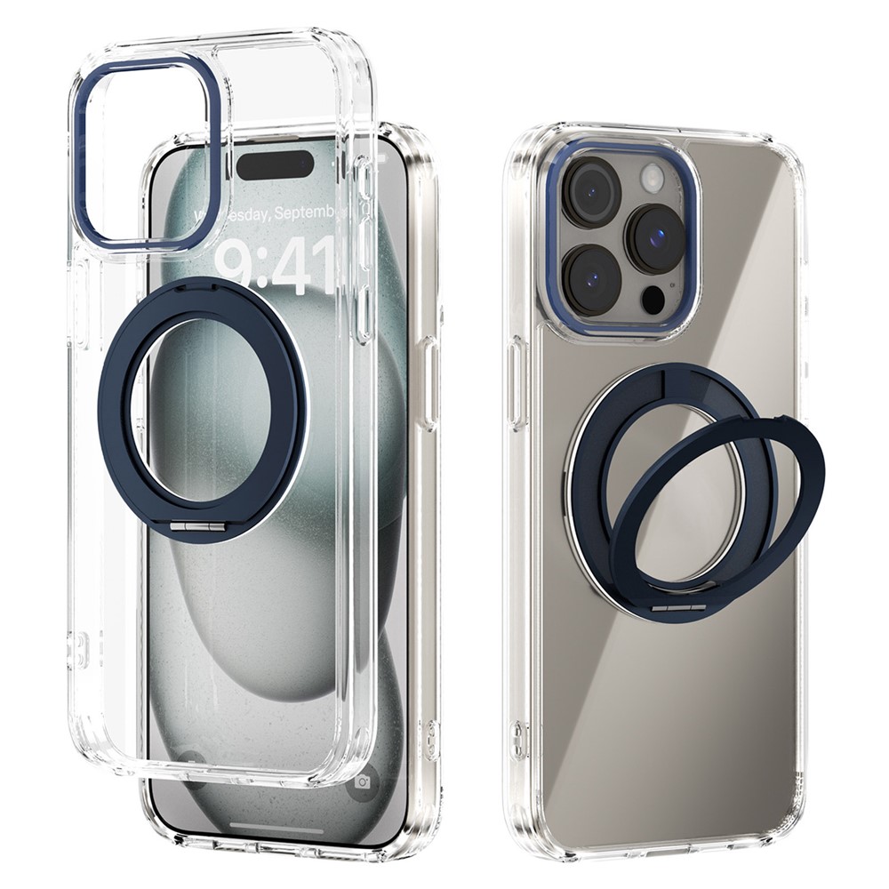ABEEL Q-LUCK For iPhone 15 Pro Max Magnetic Case Rotating Kickstand Shockproof TPU + PC Phone Back Cover - Dark Blue