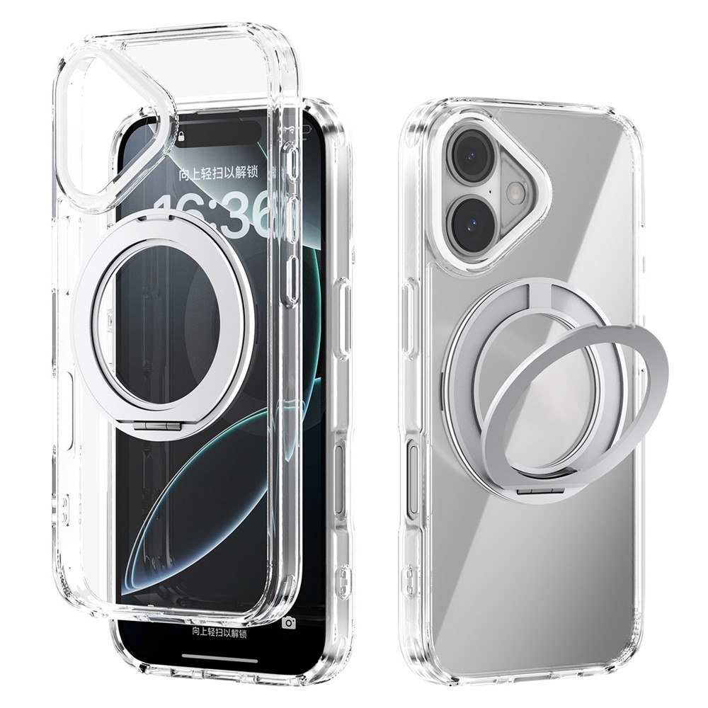 ABEEL Q-LUCK For iPhone 16 Magnetic Case Rotating Kickstand Shockproof TPU + PC Phone Back Cover - Silver