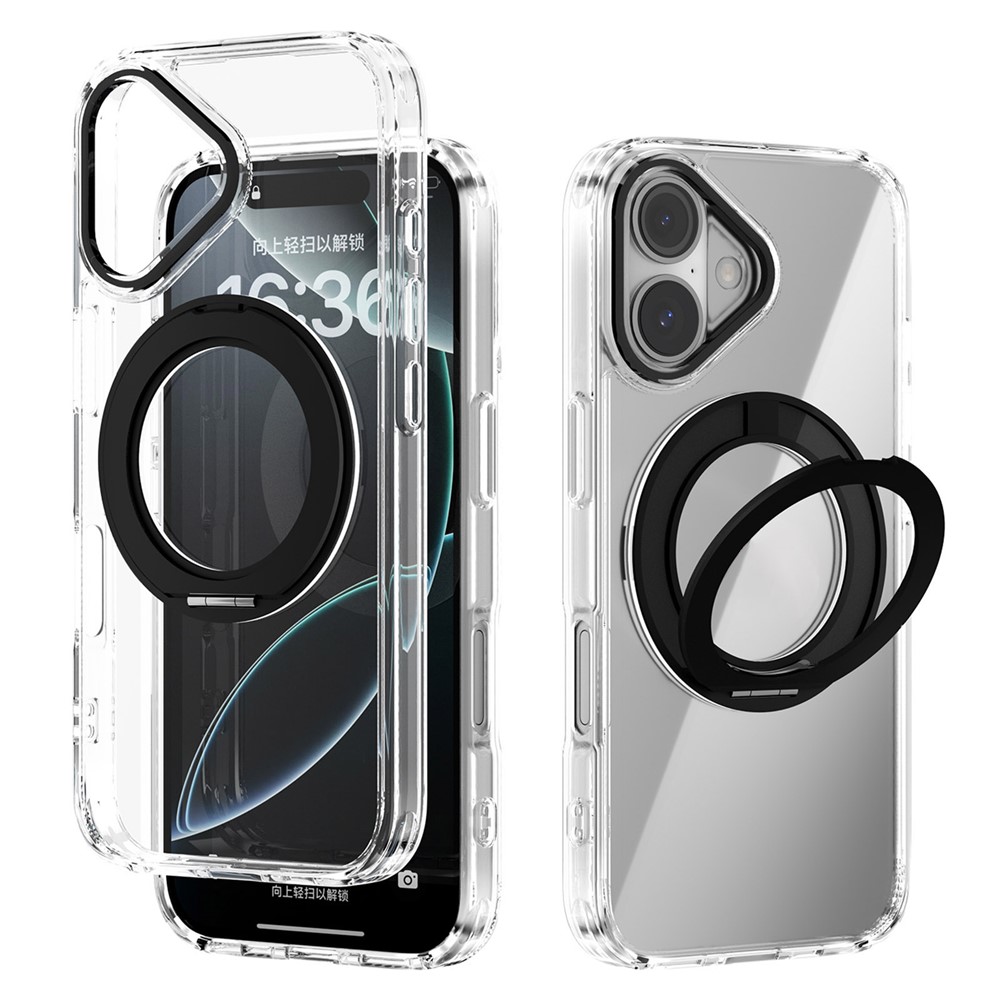 ABEEL Q-LUCK For iPhone 16 Magnetic Case Rotating Kickstand Shockproof TPU + PC Phone Back Cover - Black