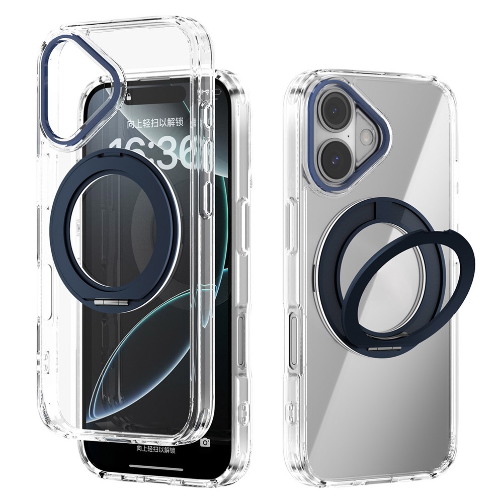ABEEL Q-LUCK For iPhone 16 Magnetic Case Rotating Kickstand Shockproof TPU + PC Phone Back Cover - Dark Blue