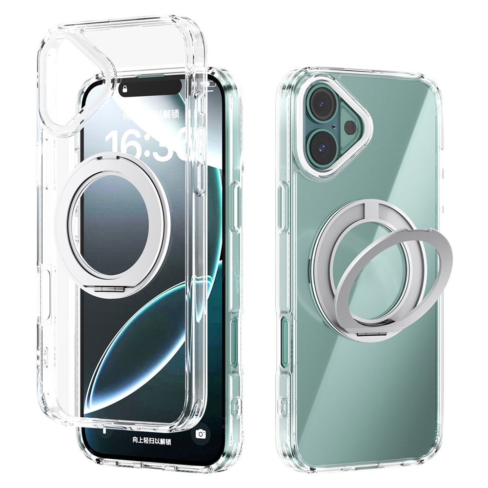 ABEEL Q-LUCK For iPhone 16 Plus Magnetic Case Rotating Kickstand Shockproof TPU + PC Phone Back Cover - Silver