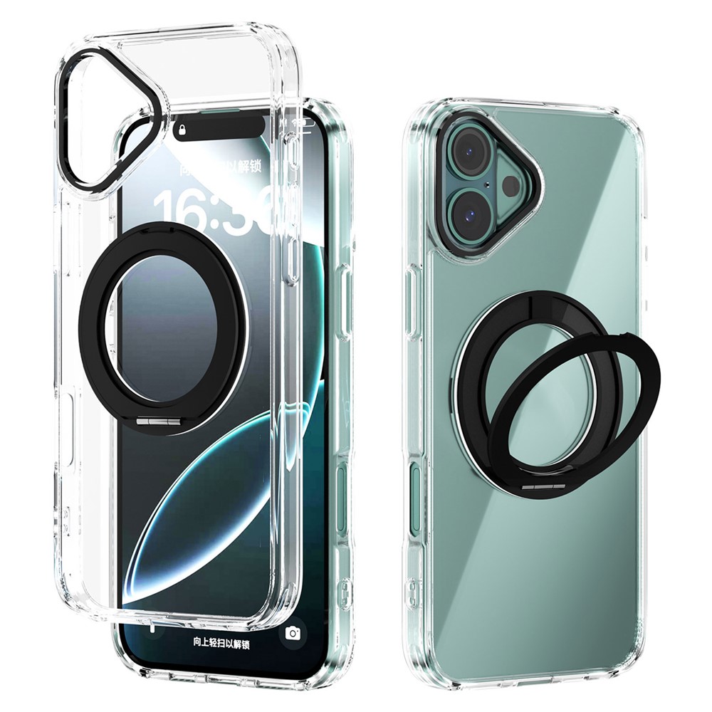 ABEEL Q-LUCK For iPhone 16 Plus Magnetic Case Rotating Kickstand Shockproof TPU + PC Phone Back Cover - Black