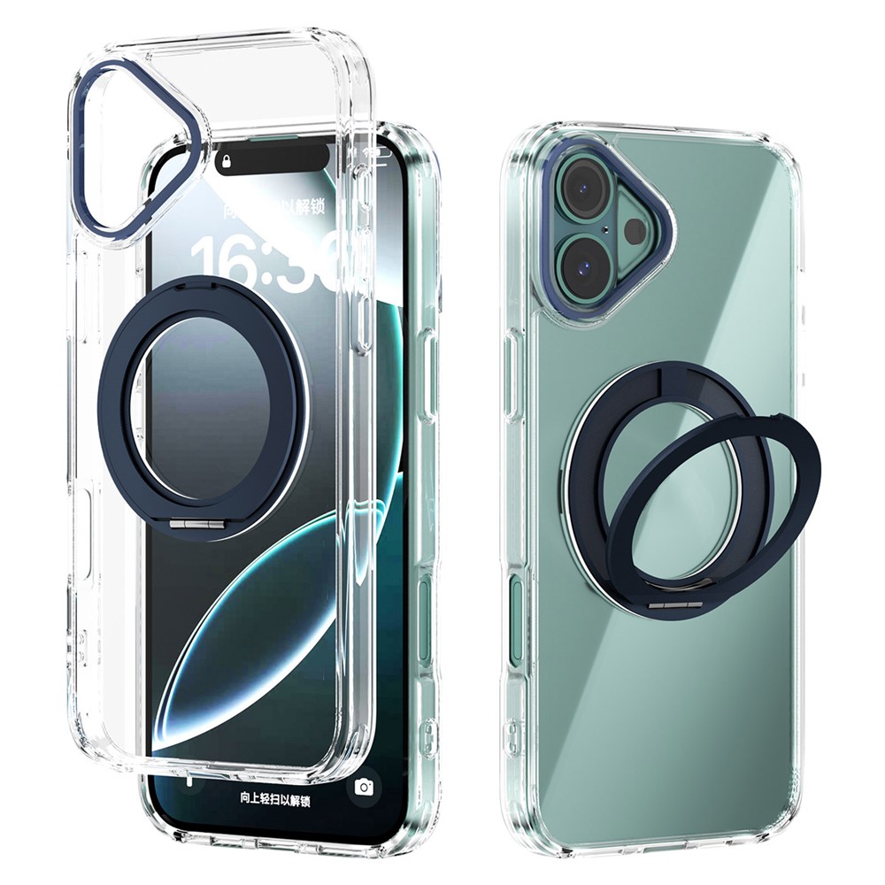 ABEEL Q-LUCK For iPhone 16 Plus Magnetic Case Rotating Kickstand Shockproof TPU + PC Phone Back Cover - Dark Blue