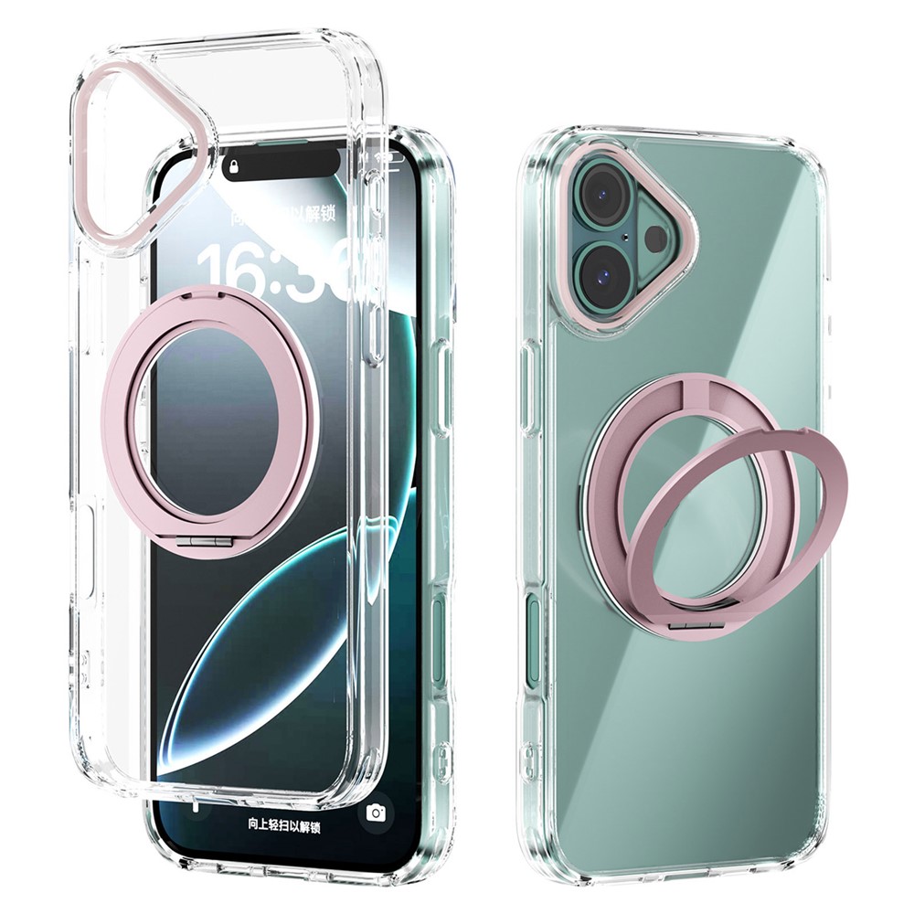 ABEEL Q-LUCK For iPhone 16 Plus Magnetic Case Rotating Kickstand Shockproof TPU + PC Phone Back Cover - Pink