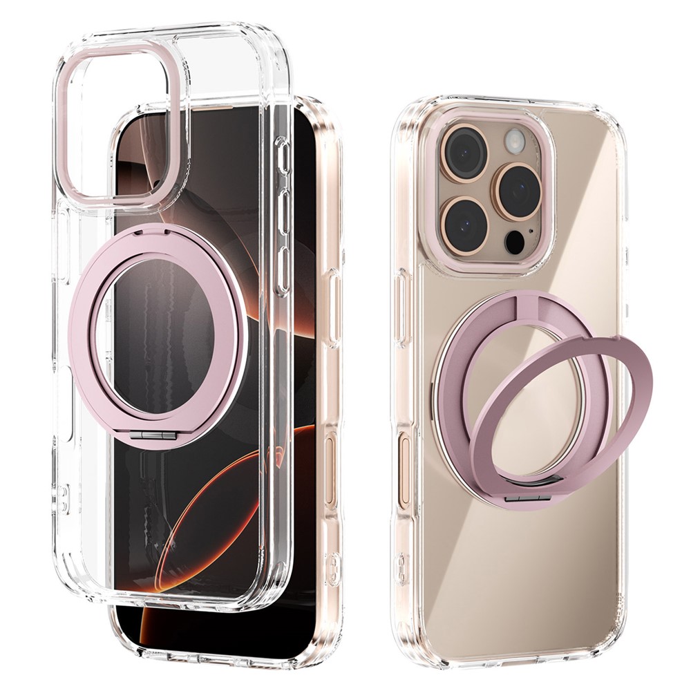 ABEEL Q-LUCK For iPhone 16 Pro Magnetic Case Rotating Kickstand Shockproof TPU + PC Phone Back Cover - Pink