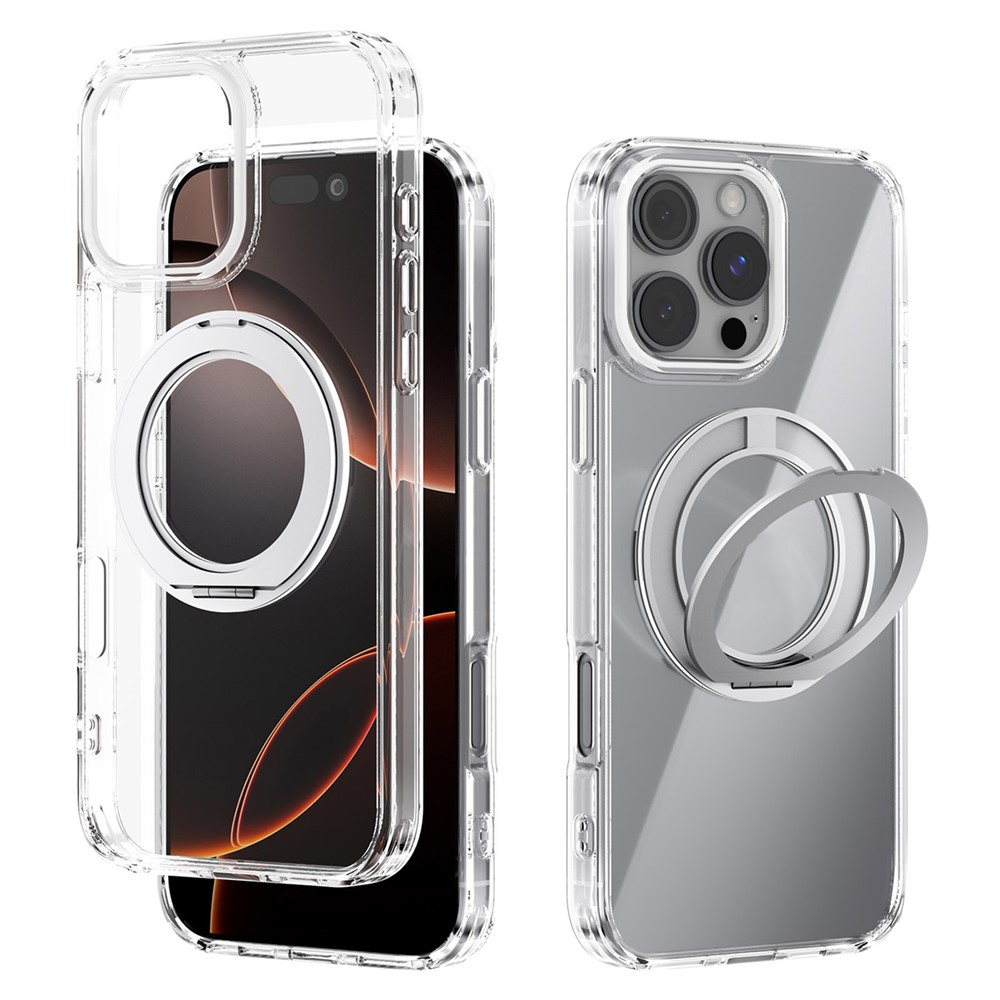 ABEEL Q-LUCK For iPhone 16 Pro Max Magnetic Case Rotating Kickstand Shockproof TPU + PC Phone Back Cover - Silver