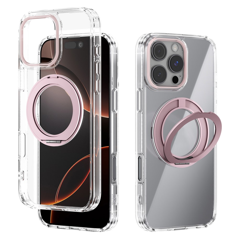ABEEL Q-LUCK For iPhone 16 Pro Max Magnetic Case Rotating Kickstand Shockproof TPU + PC Phone Back Cover - Pink